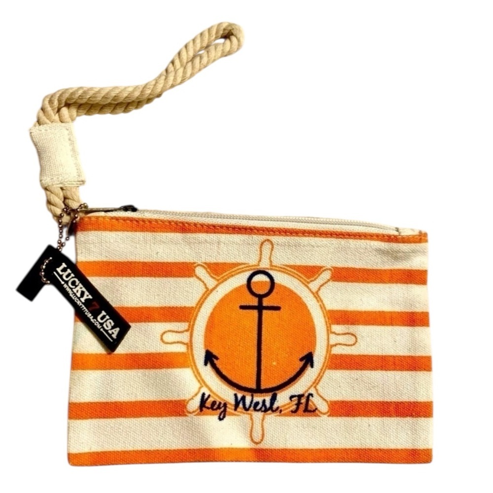 NWT Mini Bag Canvas Zip-Up Orange White Stripe Rope Lucky 7 Key West